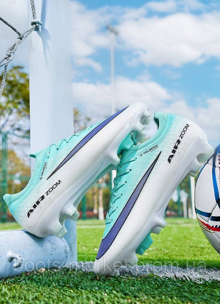Футбольні бутси Tezaz Air Zoom Mercurial FG (бірбзові з білим) | Копи для футболу з пластиковими шипами