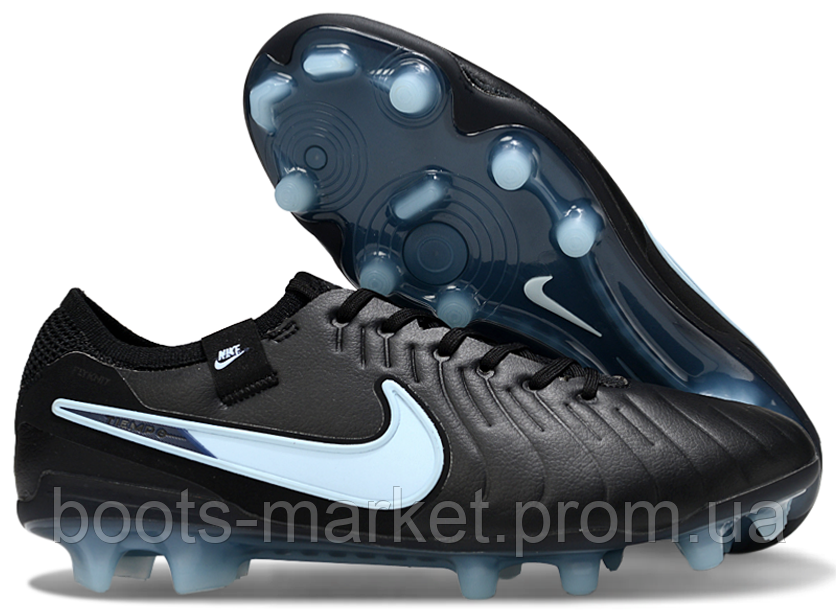 Футбольні бутси Tiempo Legend 10 FG чорні з блакитним | бутси темпо 10