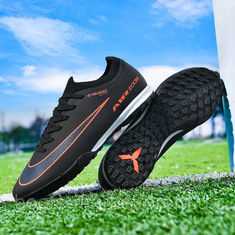 Футбольні сороконіжки Tezaz Turf Ground з амортизацією та носком, чорно-помаранчеві