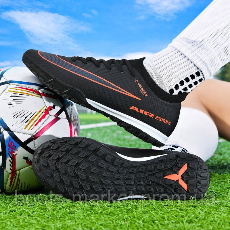 Футбольні сороконіжки Tezaz Turf Ground з амортизацією та носком, чорно-помаранчеві